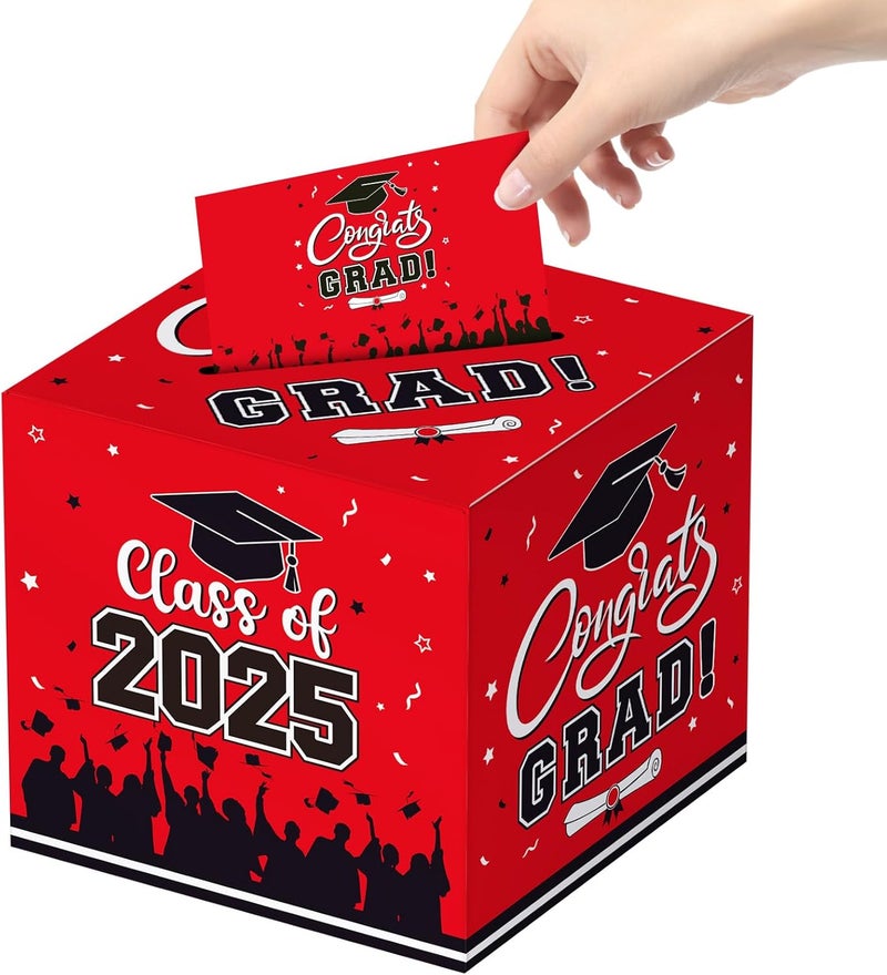 PERFQU Graduation Card Box 2025 - Congrats Grad Card Boxes Holder, Red Class of 2025 Graduation Gift Cards Box for Graduation Party Decorations 2025 Favors Decor Supplies Props,9x 9 x 9 inches - Image 2